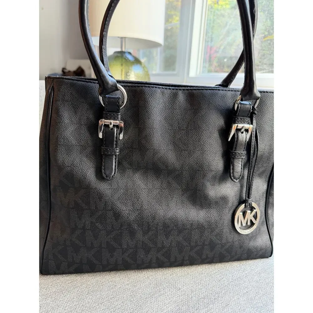 Michael Kors Jet Set Medium Bag PVC Coated Black Silver Logo Work Tote